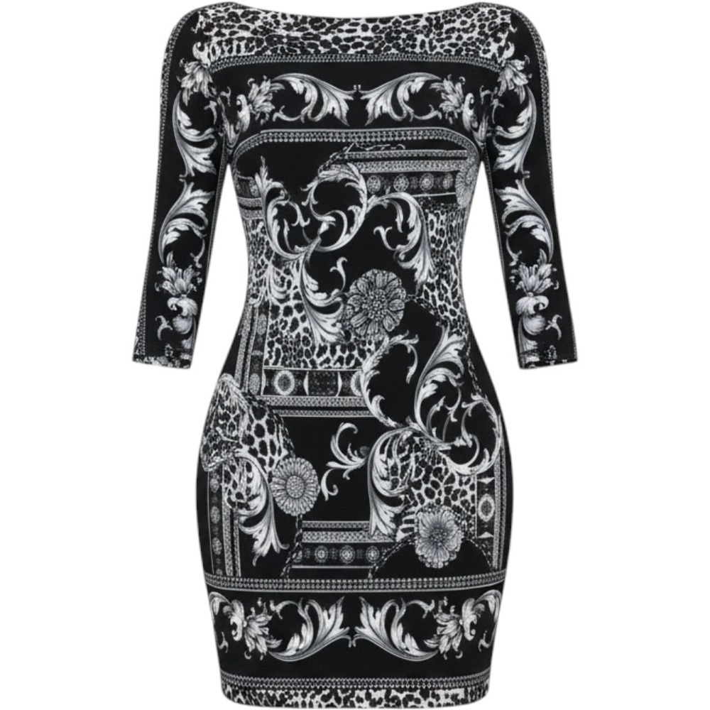 Cache Sheath Dress Womens 10 Black White Baroque Leopard Print 3/4 Sleeve Ornate